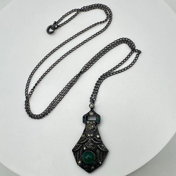 Antique French Art Deco sterling silver genuine chrysoprase marcasite necklace - Picture 2 of 10